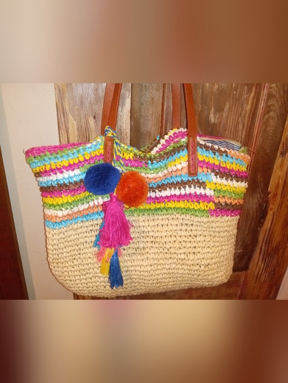 Daisy Rose Multicolor Straw Tote Bag with Pom Tassels - Beige and Bright Stripes